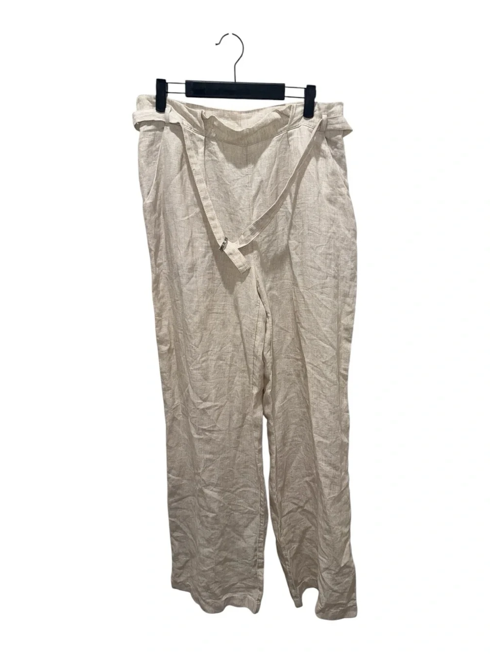 Mango MNG 100% Linen Beige High Rise Wide Leg Tie Waist Pants Medium